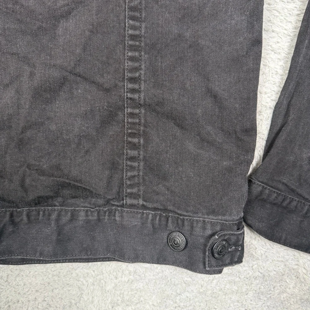 True Religion‎ Mens Black Denim Trucker Jacket XXL Horseshoe Stitching Y2K Moto